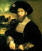 Dosso Dossi portratt av en man i svart barett France oil painting artist